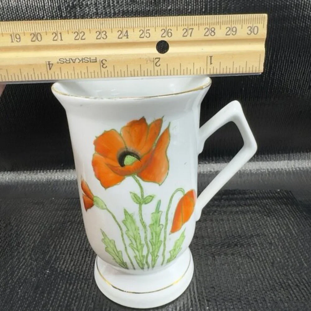 Vintage German‎ Fine Porcelain Pedestal Cup Mug Poppy Red Flower Pattern Set 2
